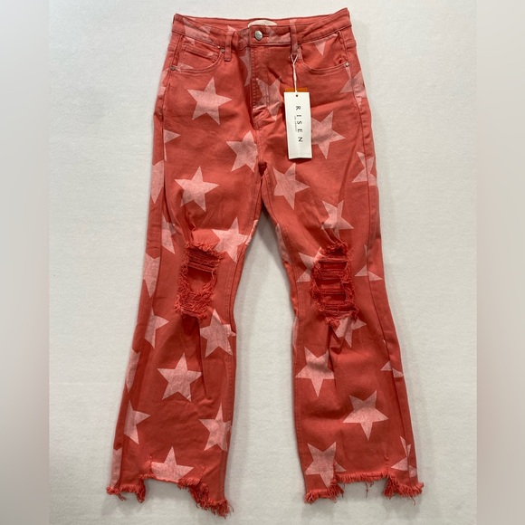 NWT Risen Jeans in Peach Pink Denim White Star Print Women’s Size 11/30 - Picture 7 of 15